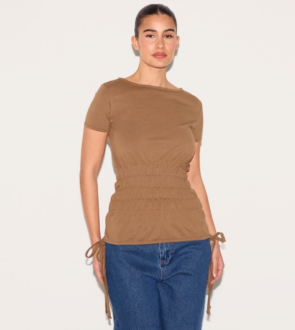 Shirred Short Sleeves Casual T-Shirt