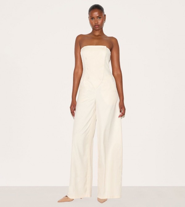 Tailored Woven Button Up Wide Leg Bandeau Jumpsuit