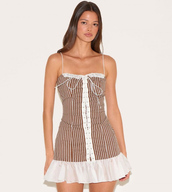 Striped Lace Up Ruffled Hem Bodycon Dress