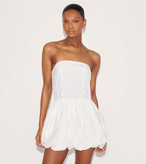 Linen Strapless Tie Waist Puffball Mini Dress