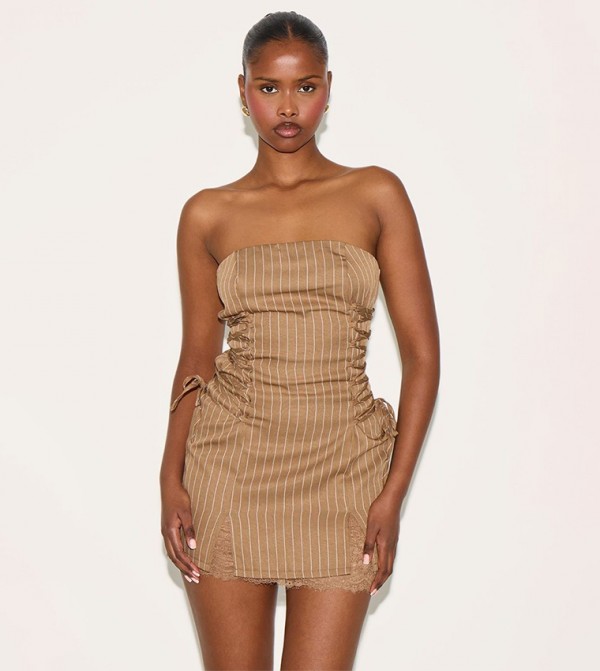 Pinstripe Bandeau Lace Trim Shift Dress