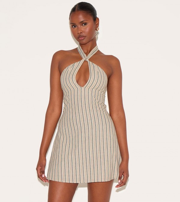 Striped Halterneck Shift Mini Dress