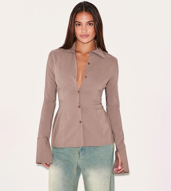 Bengaline Cinched Waist Detail Long Sleeves Shirt