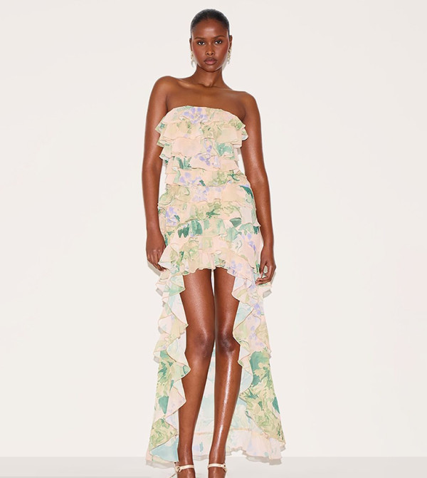 Printed Ruffled Bandeau Maxi Dress