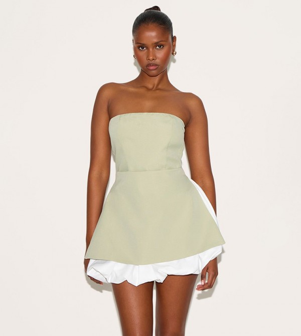 Tailored Strapless Puffball Hem Shift Mini Dress