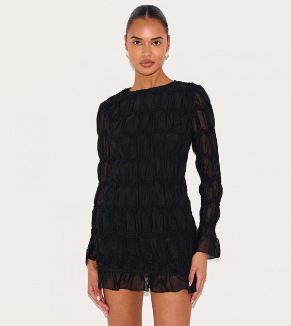 Textured Long Sleeve Crew Neck Mini Dress