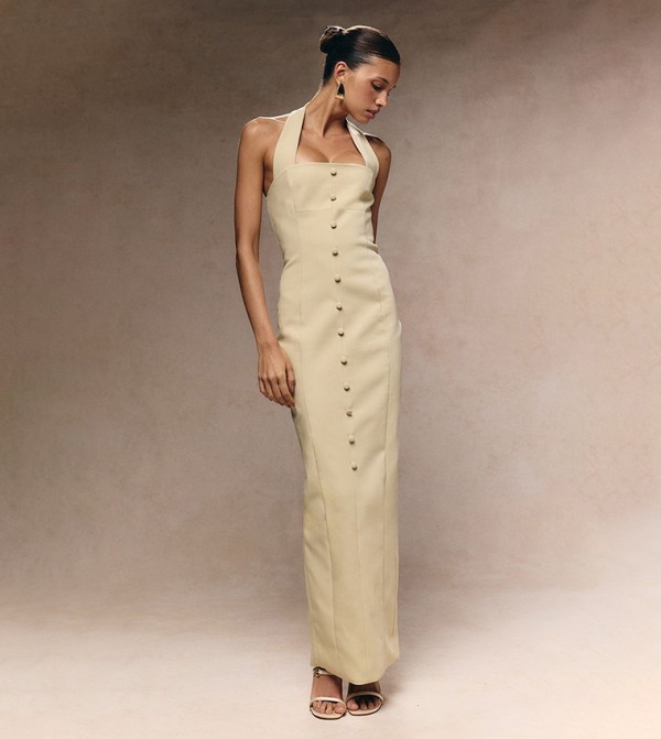 Solid Halterneck Button Maxi Dress