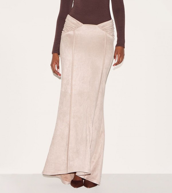 Faux Suede Ruched Waist Detail Maxi Skirt