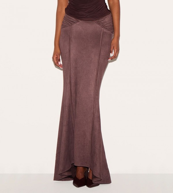 Faux Suede Ruched Waist Detail Maxi Skirt