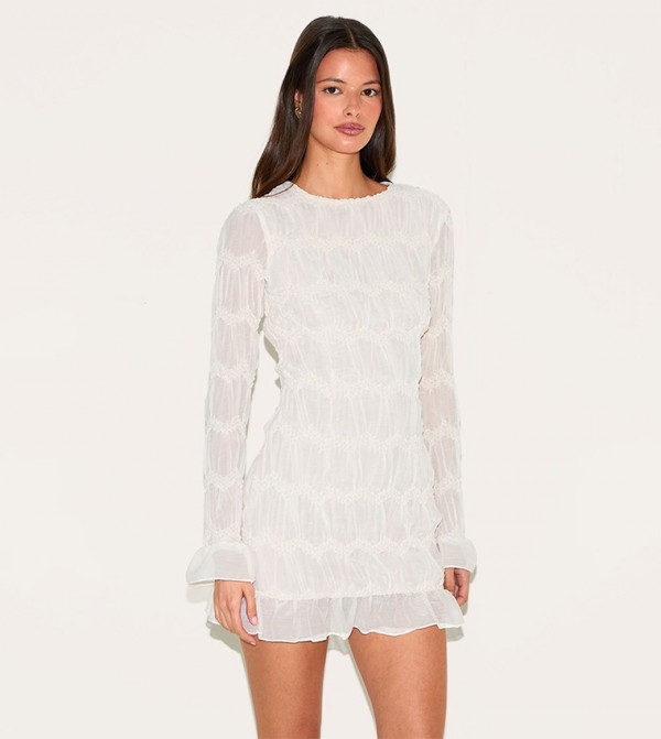 Textured Long Sleeve Boat Neck Mini Dress