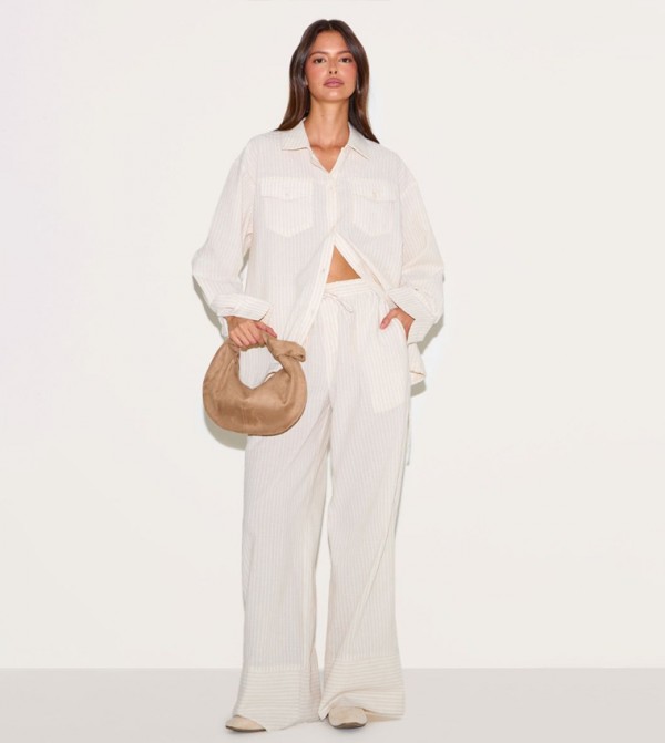 Striped Linen Drawstring Waist Wide Leg Trousers