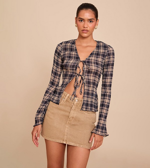 Plisse Checkered Printed Top