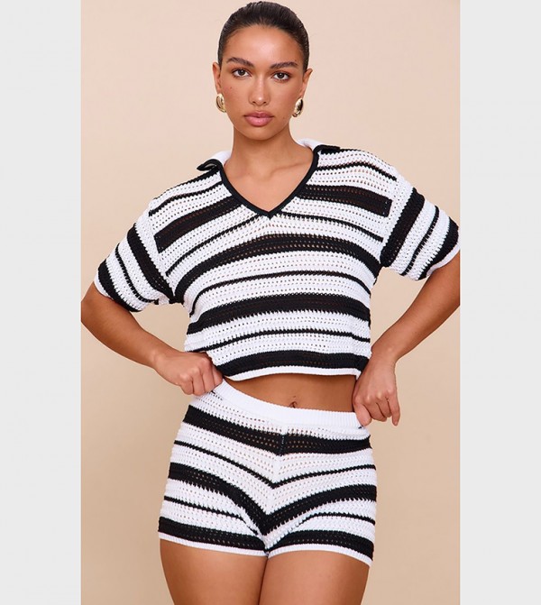 Crochet Striped Crop Polo Top