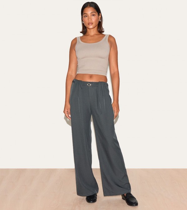 Pleated Belt Detail Wide Leg Trousers