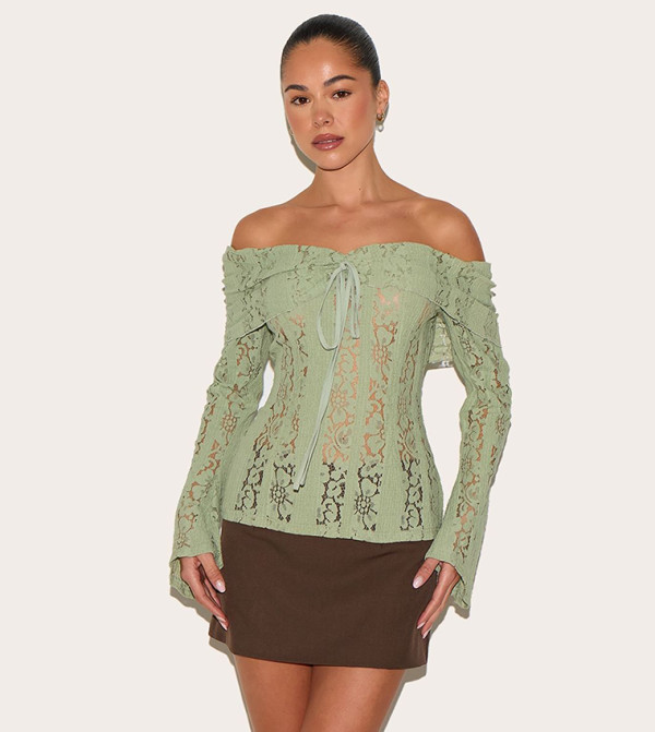 Fitted Lace Flared Sleeves Bardot Top