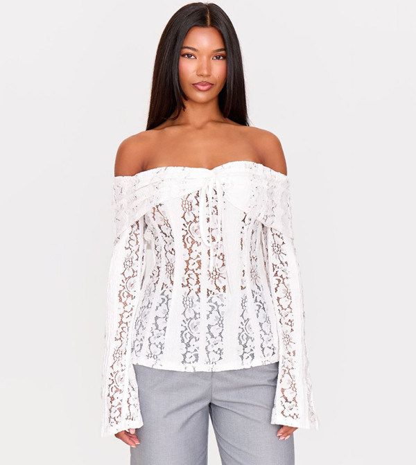 Fitted Lace Flared Sleeves Bardot Top