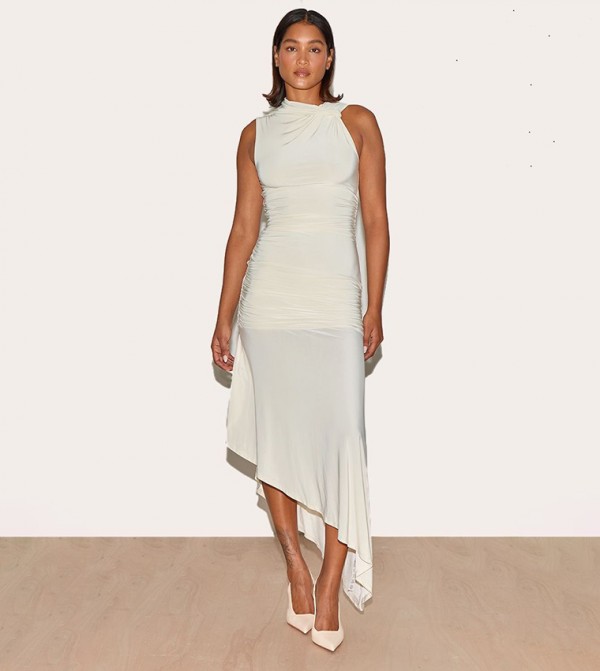 Double Layer Slinky Asymmetrical Ruched Midaxi Dress