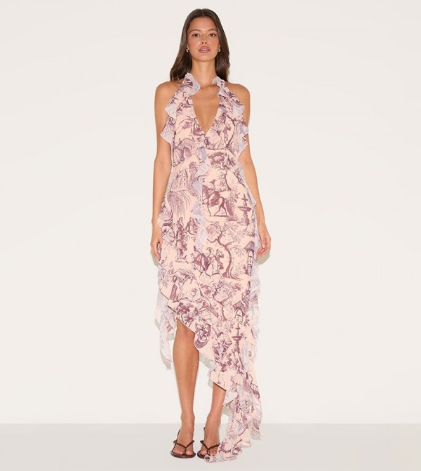 Chiffon Print Frill Detail Plunge Midaxi Dress