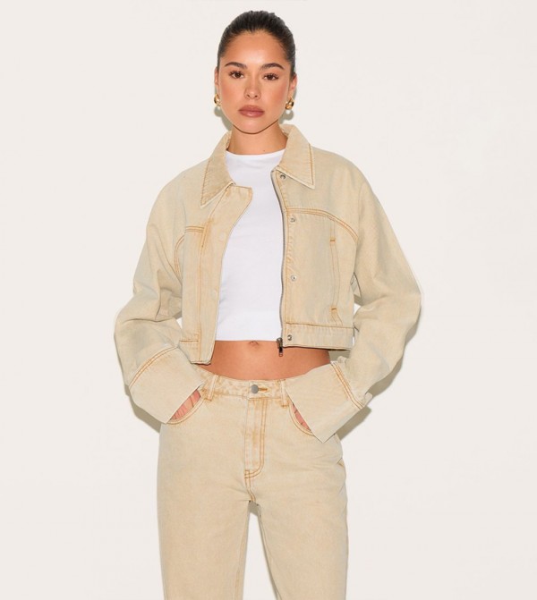 Washed Deep Cuff Concealed Button Denim Crop Jacket