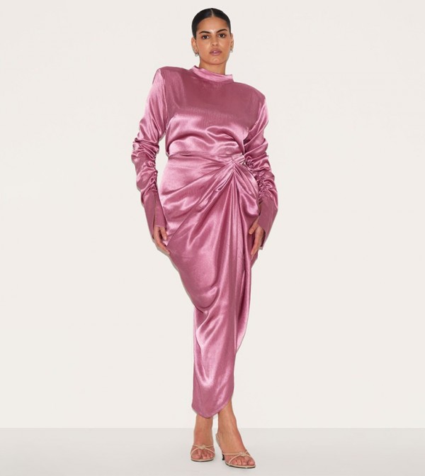 Curve High Neck Ruching Detail Satin Midi Dress