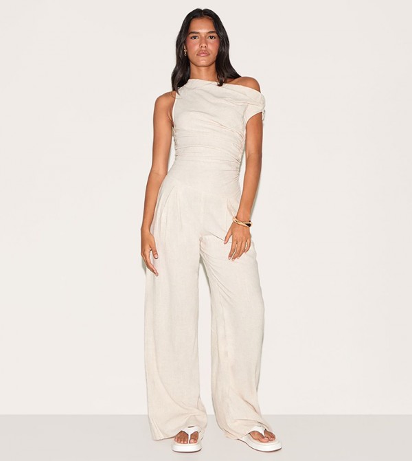 Twist Sleeves Linen Ruched One Sleeves Jumpsuit