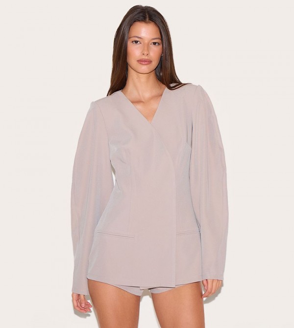 Solid Balloon Sleeves Tailored Wrap Playsuit