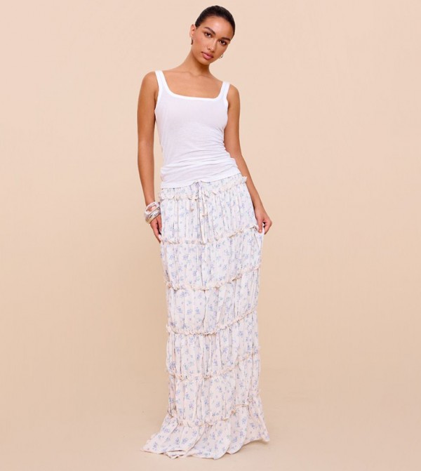 Floral Print Tiered Maxi Skirt
