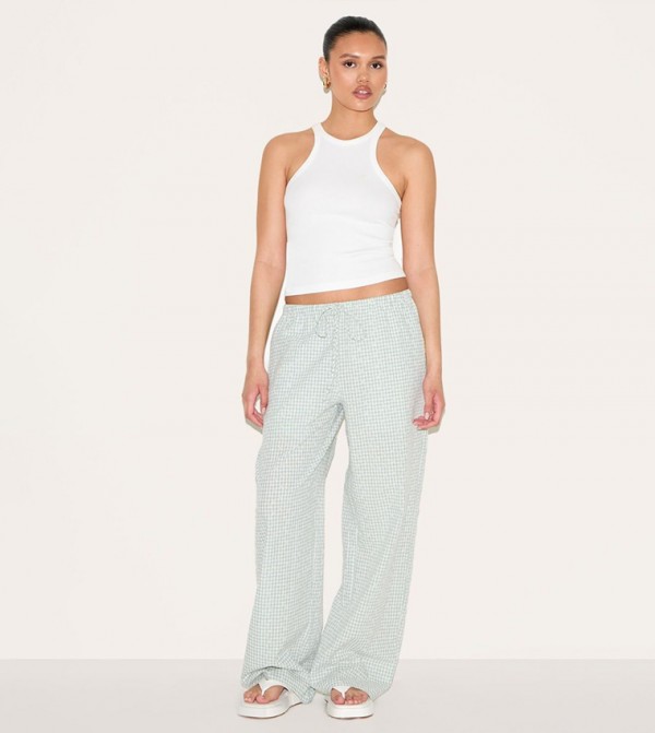 Gingham Broderie Embroidered Straight Fit Trousers
