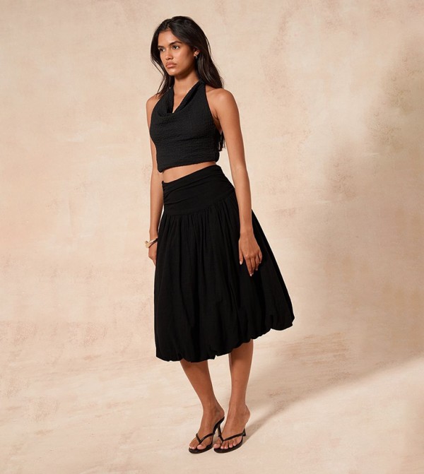 Solid Puffball Midi Skirt
