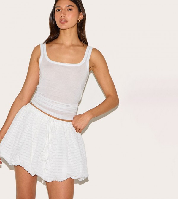 Textured Drawstring Waist Puffball Mini Skirt