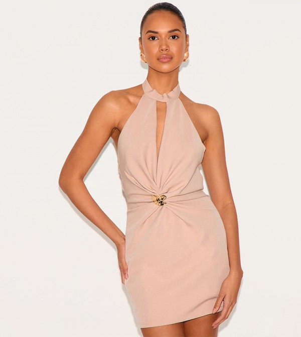 Woven Ruched Cut Out Mini Dress