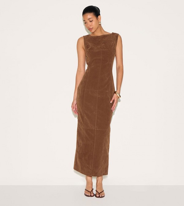 Chestnut Faux Suede Boat Neck Backless Maxi Dress