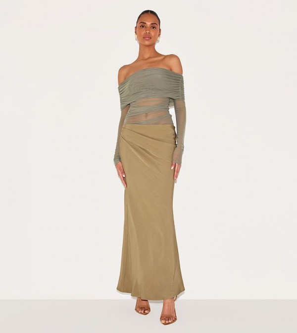 Satin Mesh Detail Bardot Maxi Dress