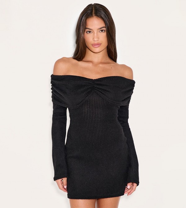 Brushed Rib Bardot Long Sleeve Bodycon Dress