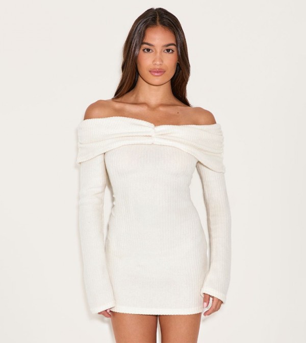 Brushed Rib Bardot Long Sleeve Bodycon Dress