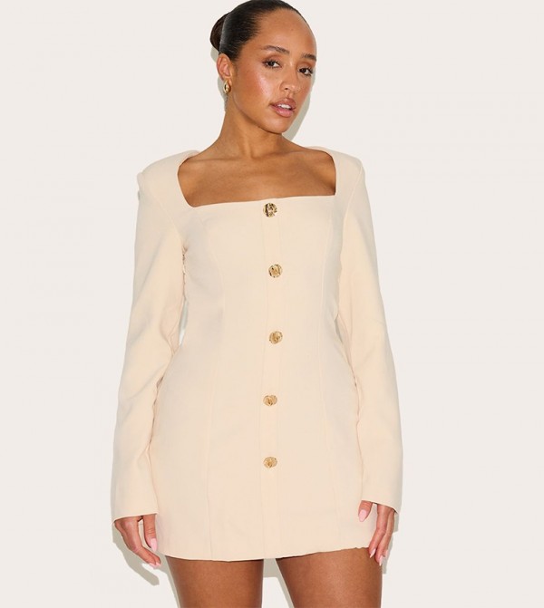 Shape Tailored Square Neck Hammered Button Mini Dress