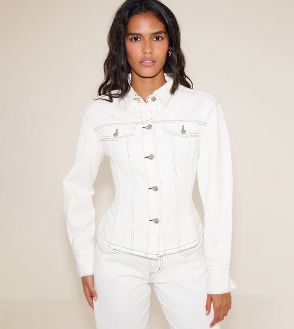 Contrast Stitch Long Sleeves Cinch Waist Denim Jacket