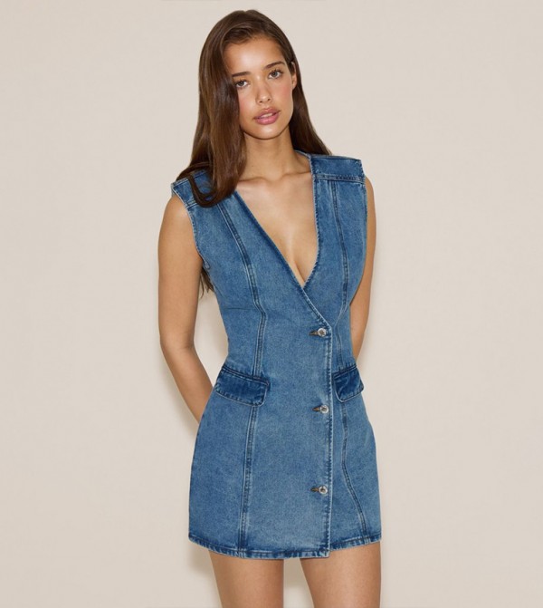 Wash Button Up Waistcoat Style Denim Mini Dress