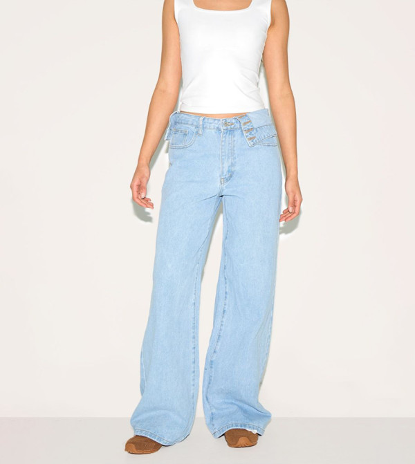 Foldover Waist Detail Wide Leg Jeans