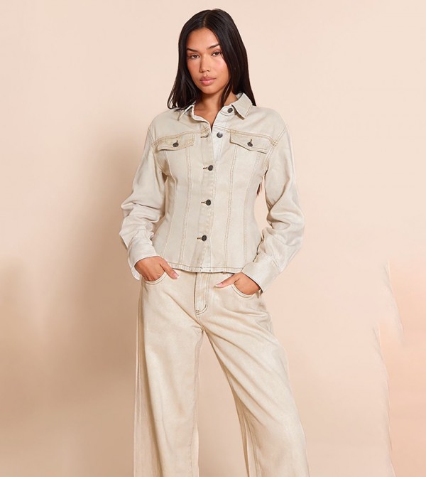 Washed Long Sleeves Cinch Waist Denim Jacket