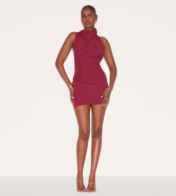 High Neck Cowl Backless Bodycon Dress