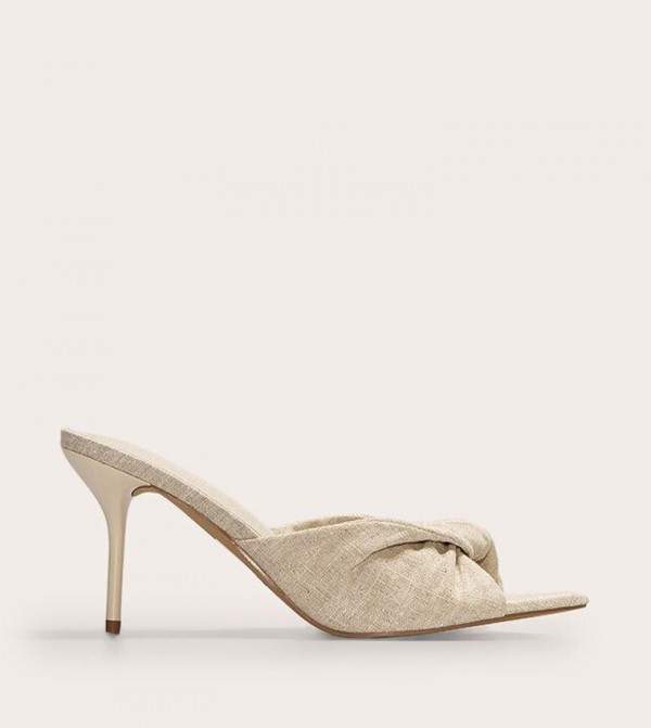 Linen Pointed Toe Twist Strap Heel Sandals