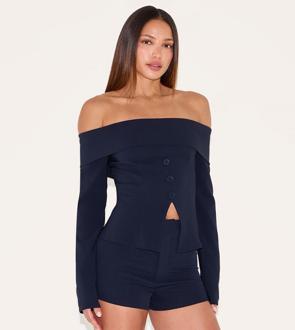 Tall Bardot Long Sleeves Button Top