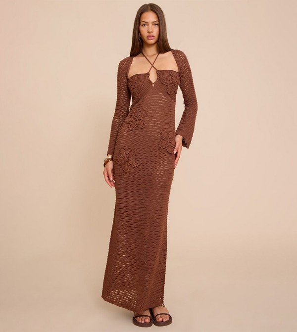 Flower Applique Long Sleeve Crochet Maxi Dress