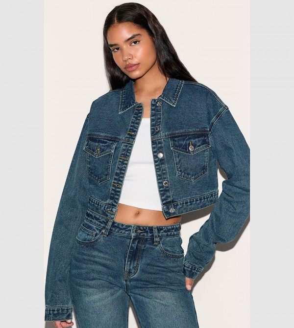 Tall Wash Pocket Detail Cropped Denim Jacket