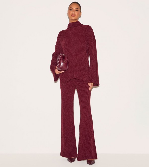 Ribbed Boucle Knit Wide Leg Trousers