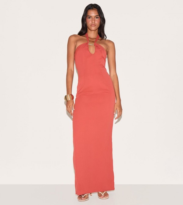 Woven Halter Neck Trim Detail Maxi Dress