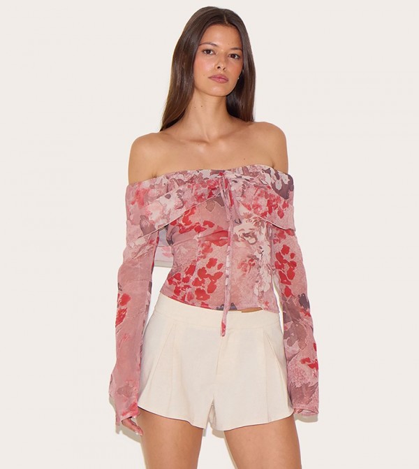 Printed Bardot Chiffon Top