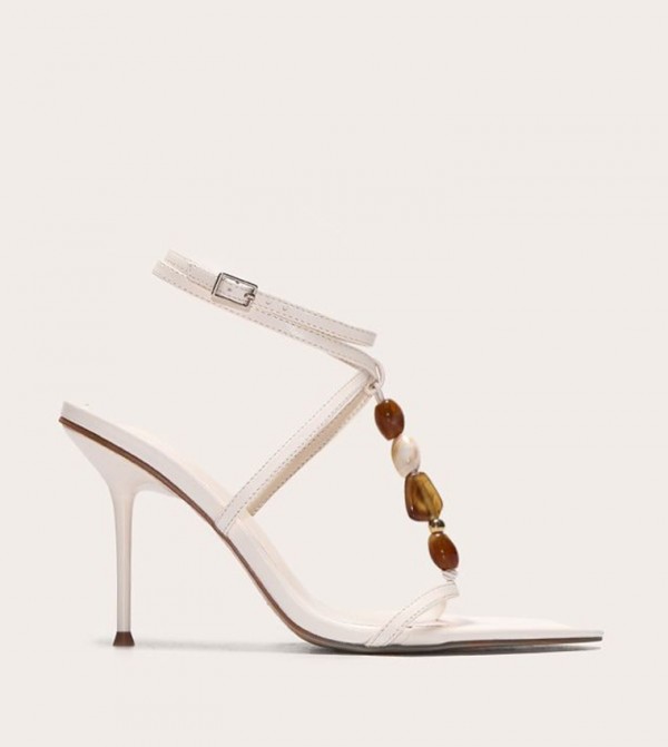 PU Pointed Toe Beaded Stiletto Heeled Sandals