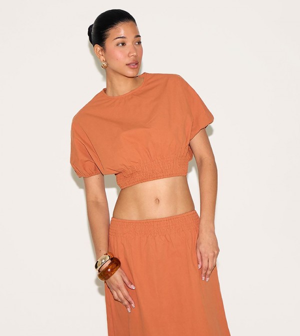 Sheered Waist Cap Sleeves Crop Top